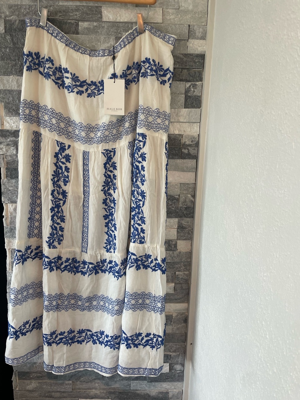 HALE BOB NWT Blue Embroidered Gauze Floral Boho Elastic Waist Maxi Skirt-XL